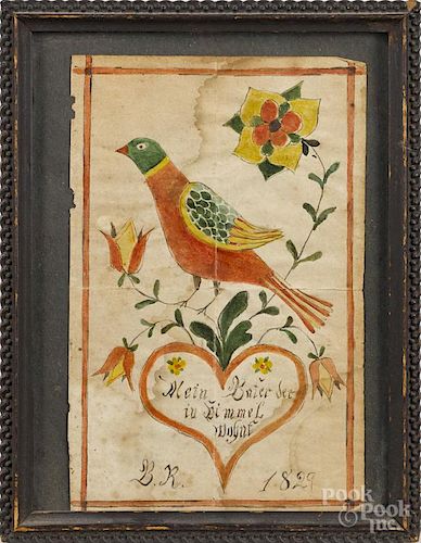 Pennsylvania ink and watercolor tulip tree and heart bookplate, initialed B. R. 1829