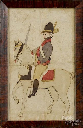 Ink and watercolor drawing of a soldier on horseback, early 19th c., 7 1/4'' x 4 1/4''.