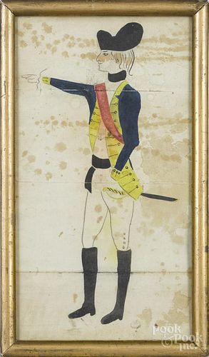Pen, ink, and watercolor drawing of a soldier, ca. 1800, 10 1/2'' x 5 1/2''.