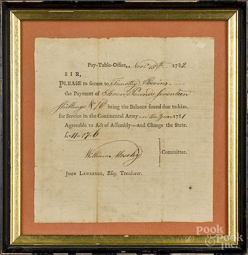 Continental Army pay table office receipt, dated 1782, for Timothy Bevins, for service, signed