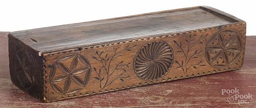 Pennsylvania carved walnut slide lid box, 19th c., with heart and sprig decoration