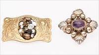 5582634: Mexican Sterling Silver and Amethyst Brooch and
 a Brass and Jeweled Belt Buckle E9VDK