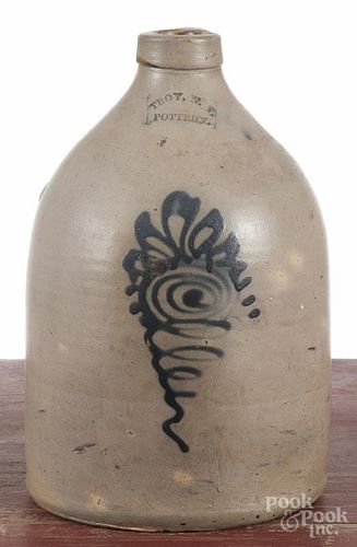 New York stoneware jug, 19th c., impressed Troy N. Y. Pottery, with cobalt floral decoration
