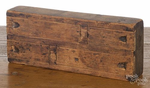 Unusual pine slide lid box, 19th c. with four various slide lids, 2'' h., 9 1/4'' w.