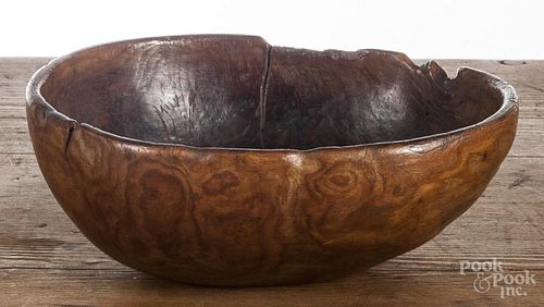 Burl bowl, initialed and dated 1831 on underside, 3 1/2'' h., 9 1/4'' dia.