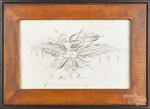 Pen and ink calligraphy of a bird, inscribed Annie Krider 1881, 7 1/2'' x 12''.