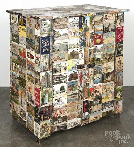 Unusual pine cupboard covered with 1930's era postcards, 40'' h., 36 1/2'' w., 23 1/4'' d.