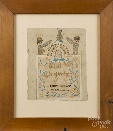 Ink and watercolor fraktur bookplate, dated 1829, inscribed Hark the Cherub Armies Shout