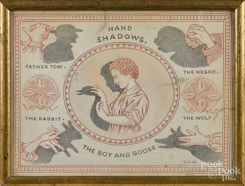 Lithograph, titled Hand Shadows, dated 1907, with various hand displays to create shapes