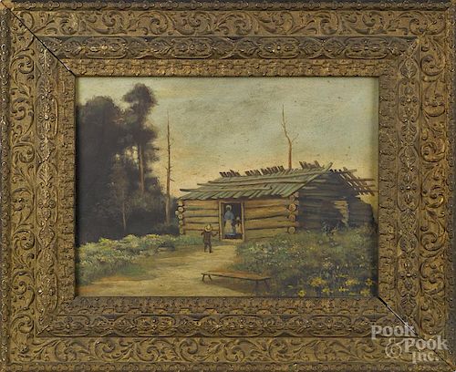 Oil on board primitive landscape, late 19th c., of a black American family with a log cabin