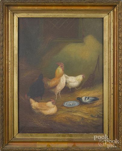 Pair of oil on canvas barn scenes with roosters and a pigeon, 19th c., signed M. Jackson