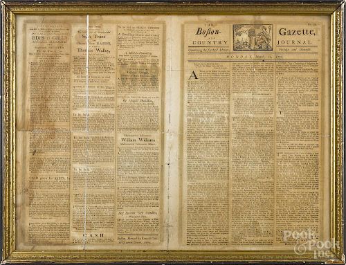 Framed copy of The Boston Gazette March 12, 1770, reporting on the Boston Massacre