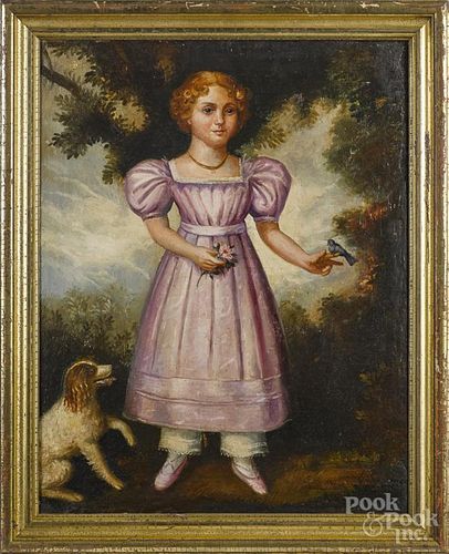Oil on canvas portrait, 19th c., of a child with a dog, 24 1/2'' x 19''.
