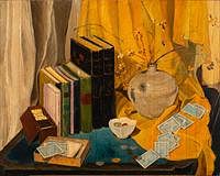 5565362: R. M. Raines, Still Life with Cards and Books,
 Oil on Canvas, 20th Century E9VDL