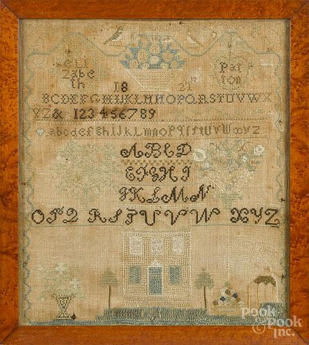 Silk on linen house sampler, dated 1821, wrought by Elizabeth Patton, 16'' x 14''.