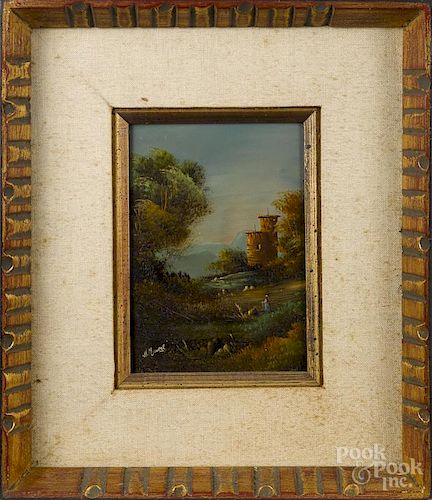Pair of oil on board primitive landscapes, ca. 1900, with castles, 7'' x 5''.
