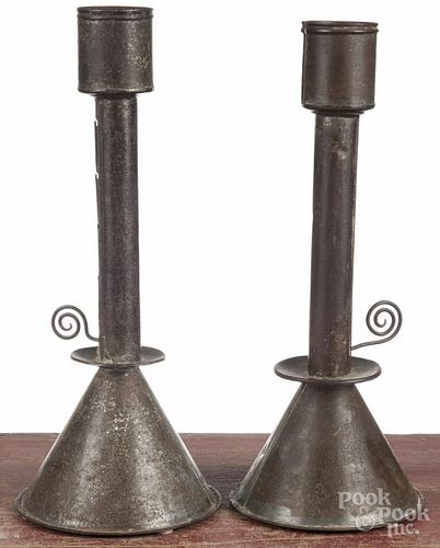 Pair of tin candlesticks, 19th c., 14 1/2'' h.