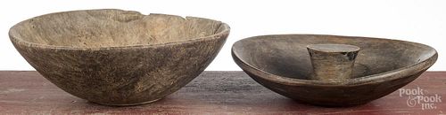 Burl bowl, ca. 1800, 4'' h., 13'' dia., together with an unusual turned nut bowl, 11 3/4'' dia.