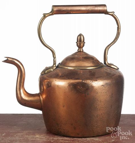 English copper tea kettle, 19th c., with an acorn finial, 11 1/2'' h.