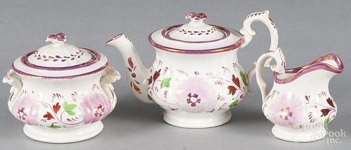 Child's three-piece pink lustre tea service, 19th c., teapot - 4'' h.