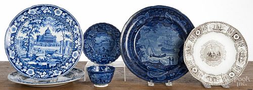 Four pieces of historical blue Staffordshire, 19th c., to include two Boston State House plates