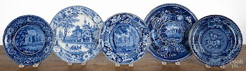 Five Staffordshire blue transferware plates, 19th c., with English views, largest - 9 3/4'' dia.