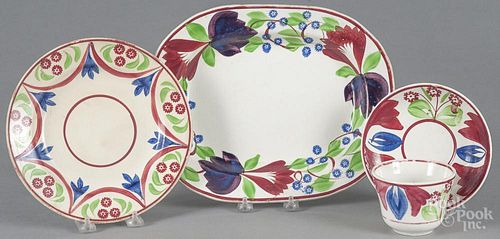 Three pieces of stick spatter porcelain, 19th c., largest - 12 1/4'' w.