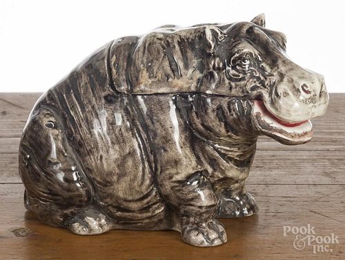 Majolica figural hippopotamus humidor, early 20th c., 7'' l.
