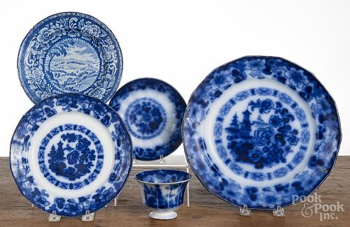 Three pieces of flow blue porcelain, late 19th c., largest - 10 3/4'' dia.