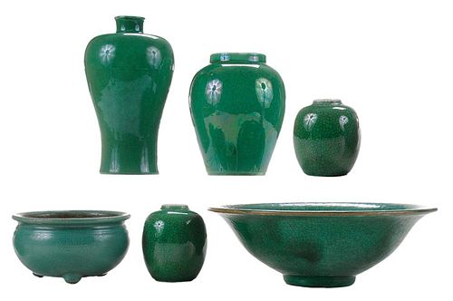 Six Pieces Green-Glazed Porcelain