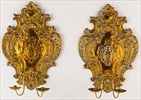 5493029: Pair of Continental Brass Two-Light Wall Sconces, 19th Century E8VDJ