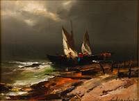 5493367: Arthur Upelniek (Russian, 1911-1994), Fishermen
 at Night, Oil on Canvas E8VDL