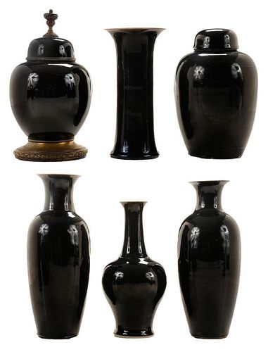 Six Mirror Black Monochrome Vases and
