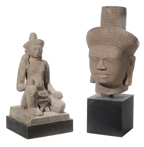 Carved Stone Buddha Deity and Bust of