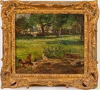 5493378: American School, Chickens and Wheelbarrow, Oil
 on Canvas, 19th Century E8VDL