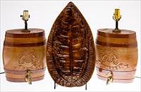 5493221: Two Cask-Form Lamps and a Tobacco Leaf-Form Majolica Platter E8VDJ