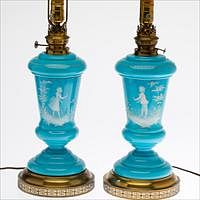 5493277: Pair ofÂ  Mary Gregory Style Turquoise Glass and White Enamel Lamps E8VDJ