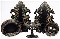 5493380: Three Victorian Black Lacquer and Mother of Pearl
 Table Articles and Wall Brackets E8VDJ
