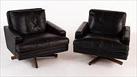 5493299: Pair of Mid-Century Black Leather Upholstered Low Swivel Chairs E8VDJ