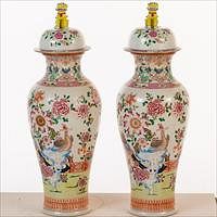 5509576: Pair of Famille Rose Decorated Porcelain Covered Vases, Modern E8VDC
