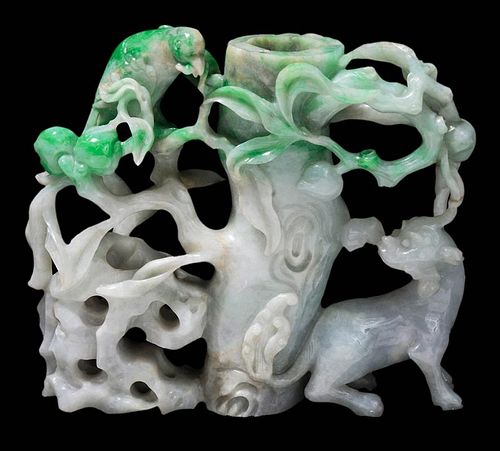 Finely Carved Jadeite Bird and Foo