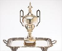 5493338: Large Reed & Barton Sliverplate Tray with Glass
 Liner and Sheffield Silverplate Samovar E8VDQ