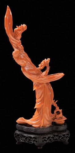 Finely Carved Coral Figure of Quanyin