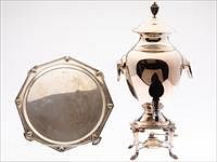 5509616: Walter & Hall Sterling Silver Octagonal Tray, c.
 1916 and a Silverplate Hot Water Urn E8VDQ