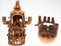5509809: Two Peruvian Ceramic Folk Art Candle Holders E8VDA