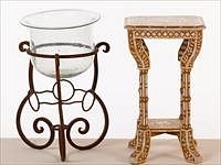 5493387: Mother of Pearl Inlaid Side Table and Wrought Iron and Glass Planter E8VDB
