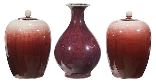 Flambé Vase and Pair Covered Jars