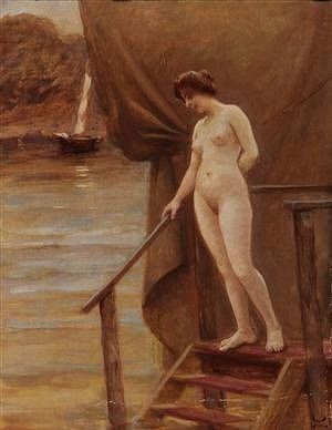 NUDE WOMAN AT A WOODEN PIER OIL PAINTING
