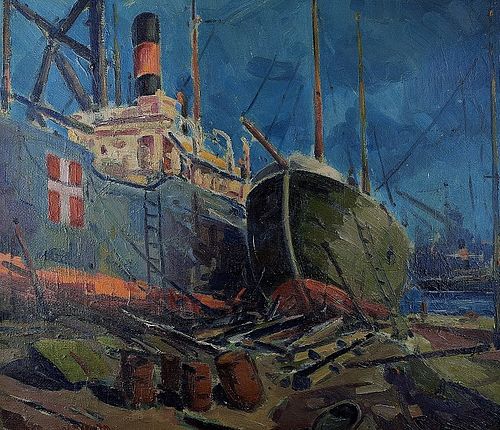 WARSHIP IN PORT OIL PAINTING