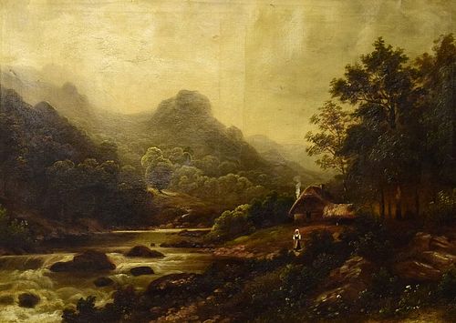 RIVER LANDSCAPE WITH MOUNTAINS OIL PAINTING